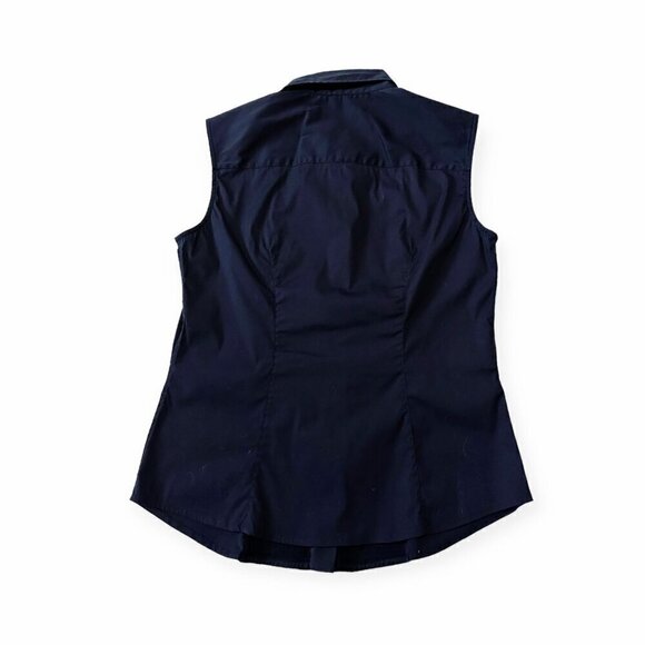 Prada Dark Blue Sleeveless Button Down Shirt, Size 44 Italy, stretch - Picture 6 of 15